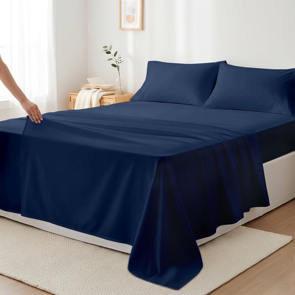 Máulli Collection Full Size Bed Sheets - 400 Thread Count 100% Cotton Hotel Collection Sheets (4 PC, Navy Blue), Soft, Cooling Sateen Weave Sheet Set