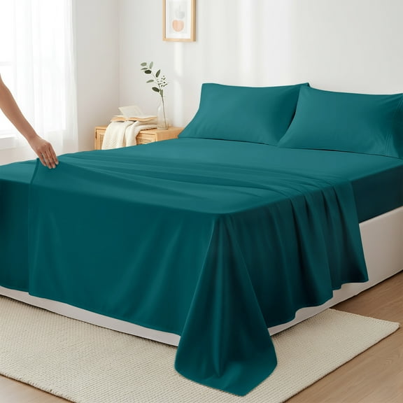 Máulli Collection 100% Cotton Bed Sheets Queen Set - 400 Thread Count Cotton Queen Sheets Only, 4 PC Set (Teal), Soft, Breathable, Cooling, Sateen Weave 16" Deep Pocket Bedsheet for Hot Sleepers