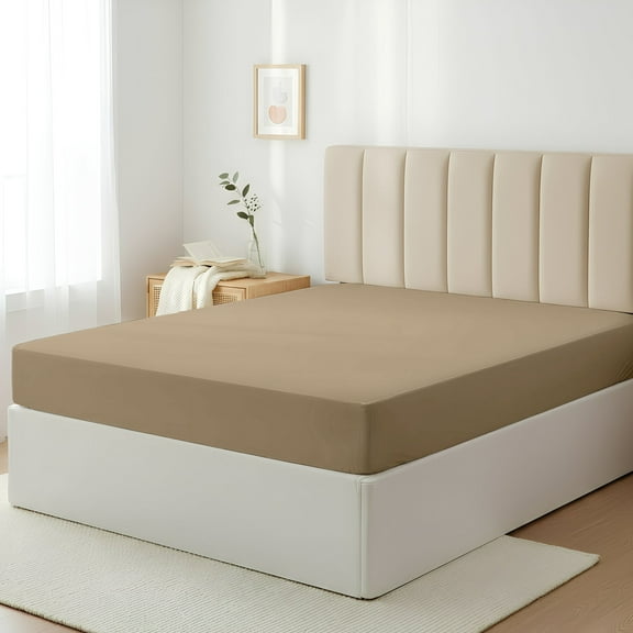 Máulli Collection 100% Cotton California King Fitted Sheet Only - 400 Thread Count Cal King Sheets Deep Pocket Fitted Cooling Sateen No Pop-Off Elastic Bottom Sheet, Fits Mattress upto 18"- Taupe