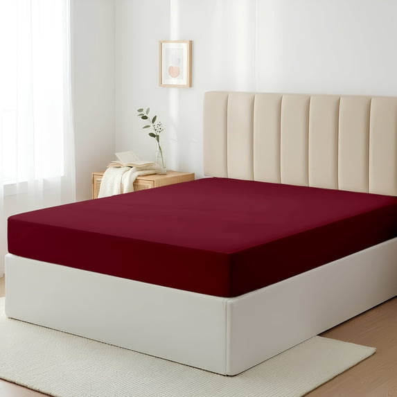 Máulli Collection 100% Cotton Twin Fitted Sheet - 400 TC 16" Deep Pocket Fitted Sheet (1 PC, Burgundy) Soft Cooling Sateen Weave Hotel Bottom Sheet
