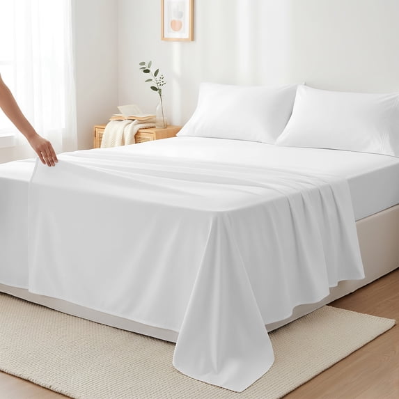 Máulli Collection Queen Size Sheets 400 Thread Count - 100% Cotton Sheets Queen (4 PC, White) Luxury Sateen Deep Pocket Soft Cooling Queen Sheets