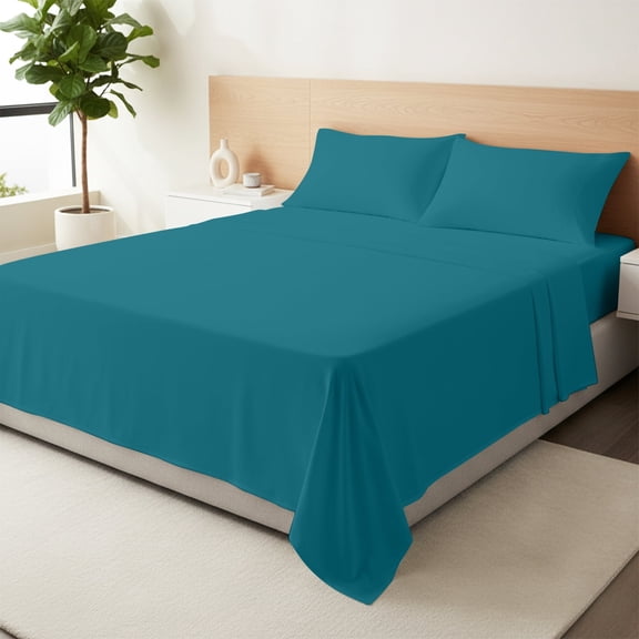 Máulli Collection 100% Organic Cotton Sheets California King Size - Percale Weave Organic Sheets (4 PC, Teal), Crisp Cooling Sheet Set