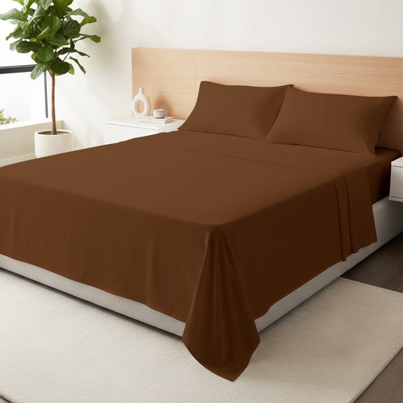 Máulli Collection 100% Organic Cotton Sheets California King Size - Percale Weave Organic Sheets (4 PC, Brown), Crisp Cooling Sheet Set