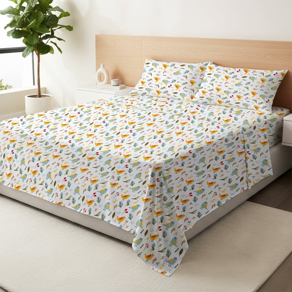 Máulli Collection 100% Organic Cotton Sheets King Size - 4 PC Printed Organic Cotton King Percale Weave Sheet Set, Soft, Cooling, Crisp, 16" Deep Pocket Hotel Quality Bedding Set - Forest Bird Print