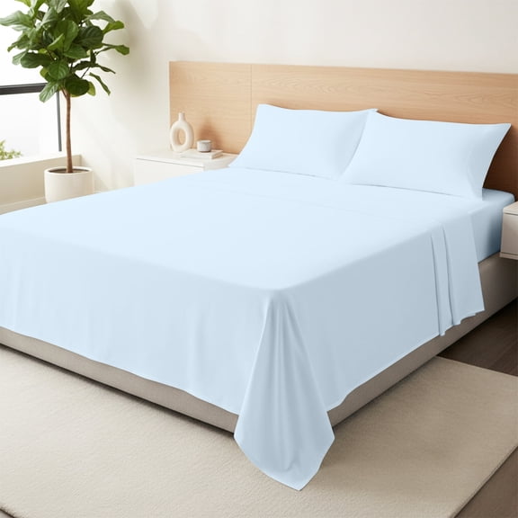 Máulli Collection Cotton Sheets Queen Size - 100% Organic Cotton Sheets (4 PC, Light Blue), Crisp, Cooling Percale Weave Sheet Set