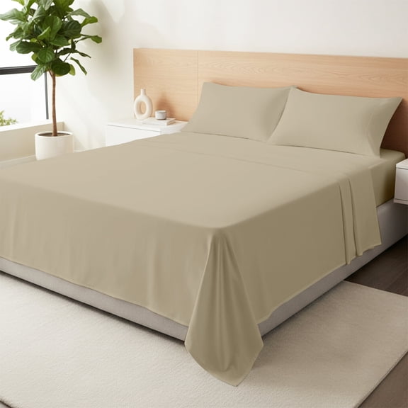 Máulli Collection 100% Organic Cotton Sheets Twin Size - Percale Weave Organic Sheets (3 PC, Taupe), Crisp, Cooling Sheet Set
