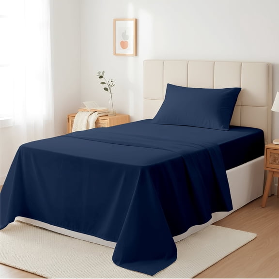 Máulli Collection Twin XL Cotton Sheets - 400 Thread Count Cotton Twin XL Sheet Set Navy Blue, 3 PC, Cooling Sateen 16'' Deep Pocket Hotel Sheets Set