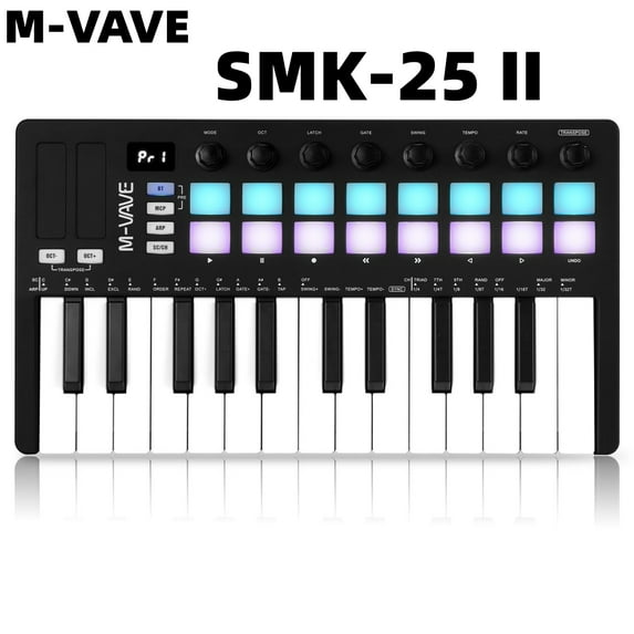 M-vave SMK-25 II MIDI pad controller keyboard USB mini 25 key, 16 RGB drum pads, 8 knobs and music production, software included