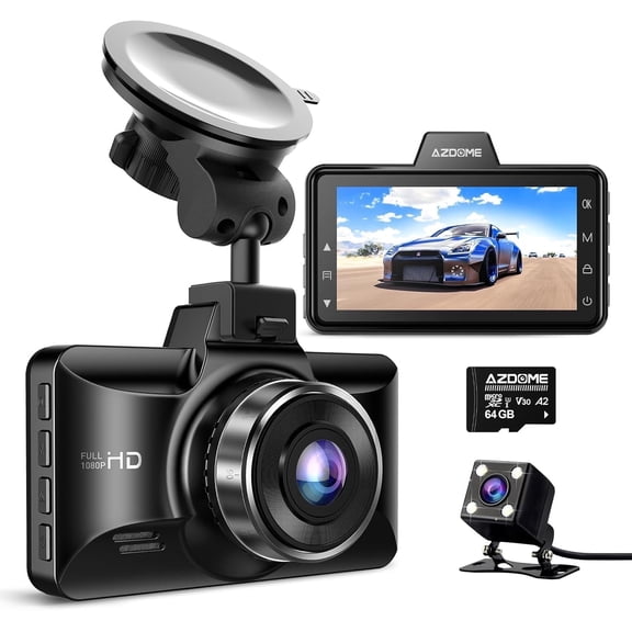 AZDOME Car Dash Camera M01 Pro Dual 3.19 inch Screen ADAS G-Sensor 24H Parking Mode with 64GB Card