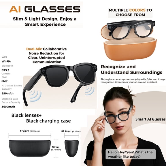 M02 smart glasses with 2GB RAM and 4GB storage, compatible with Android/iOS systems, 3600mAh charging case, 290mAh battery, 8MP, WiFi 4, Bluetooth 5.3, smart assistant, interchangeable lenses, availa