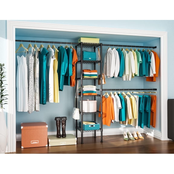 M1 Closet Storage Organizer System 6 Tiers Heavy Duty Metal Garment Rack With 3 Expandable Hanger Rods Wall Mounted Space Saver Suits From 5.4-8.7 Ft. Width 71.2"h X 14"d 700lbs Black