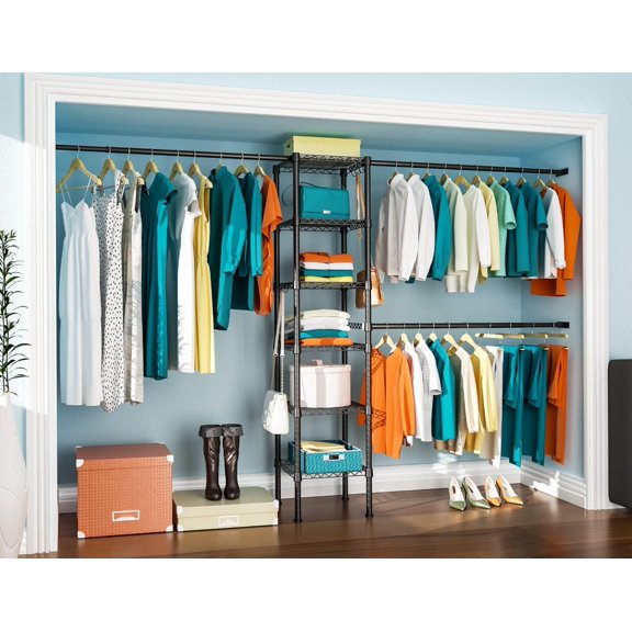 M1 Closet Storage Organizer System, 6 Tiers Heavy Duty Metal Garment Rack with 3 Expandable Hanger Rods, Wall Mounted Space Saver Suits from 5.4-8.7 ft. Width, 71.2"H x 14"D, 700LBS, Black