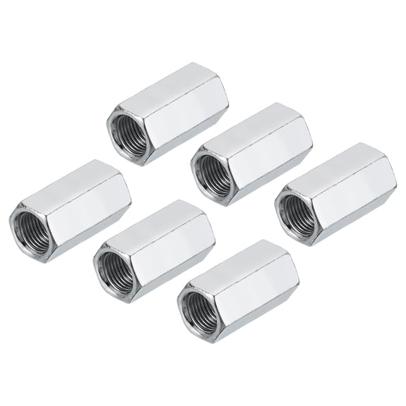 M10 x 1 Pitch Carbon Steel Hex Coupling Nuts, 6Pcs 25mm/ 1" Length Fully Threaded Rod Coupling Nut Stud Fine Thread Pipe Connector, Silver