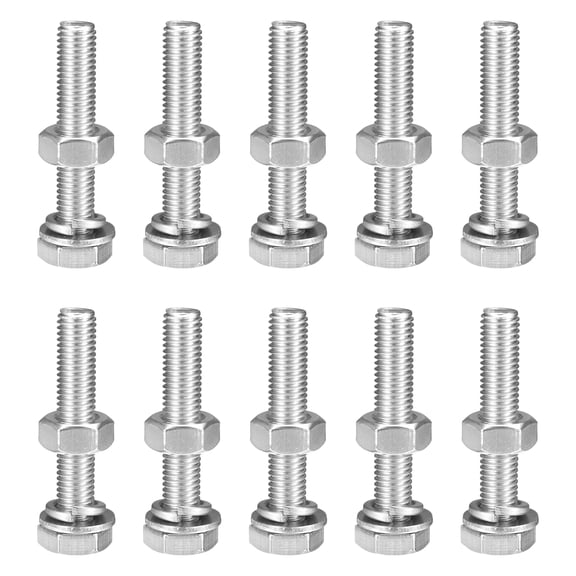 M10 x 60mm Hex Head Screws Bolts, Nuts, Flat & Lock Washers Kits, 304 Stainless Steel Fully Thread Hexagon Bolts 10 Sets