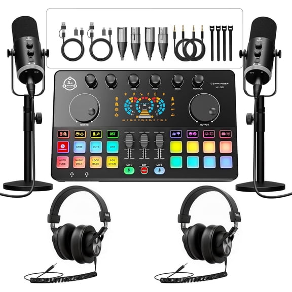 Squarock M100 2Person Podcast Equipment Bundle,XLR/USB Dynamic Mics & Audio Mixer Gen-3