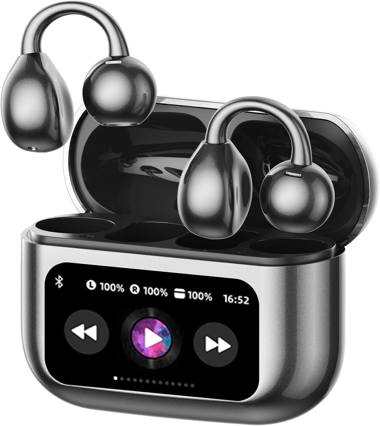 M100 Clip On Ear Headphones AI Open Ear Earbuds Wireless Bluetooth 5.4, Clip On Earbuds with LCD Touchscreen, Lightweight Comfort Open Ear Headphones for Sports, Fitness, and Workouts