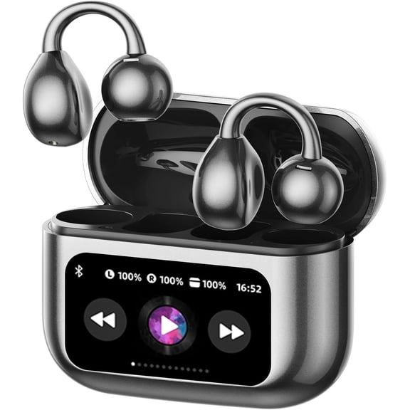 M100 Clip On Ear Headphones AI Open Ear Earbuds Wireless Bluetooth 5.4, Clip On Earbuds with LCD Touchscreen, Lightweight Comfort Open Ear Headphones for Sports, Fitness, and Workouts
