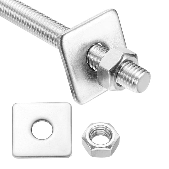 M10x90mm Fully Threaded Rod, 1Set 304 Stainless Steel Threaded Rods Bar Studs Right Hand Threads with Nut Square Washer for Structural Anchoring Fastening Screw