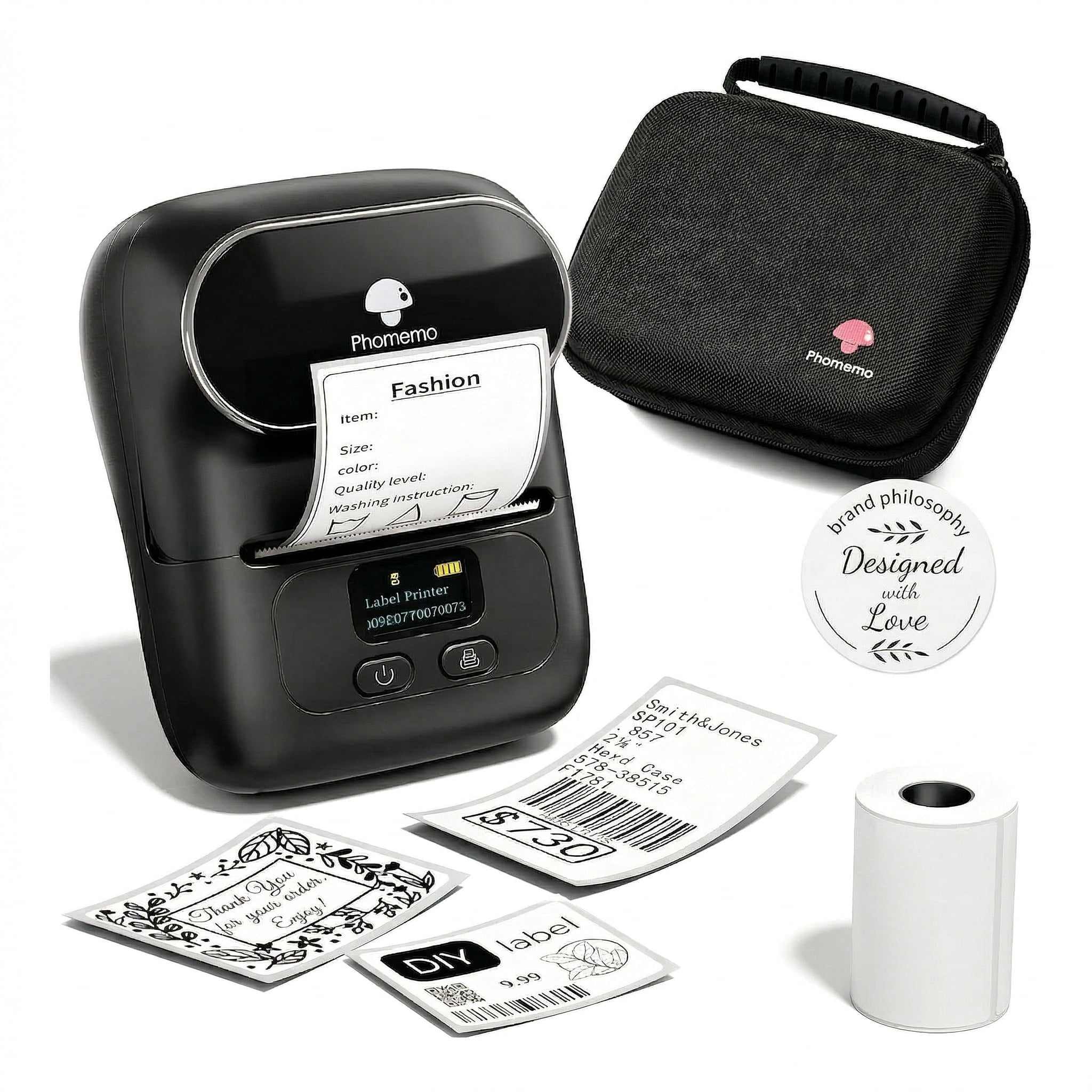 M110 Label Maker Portable Label Printer, Sticker Printer For Small Business, Address, Office, Gift, Picture, Inkless Barcode Label Printer + 1 Rolls Thermal Paper + 1 Storage bag（black）