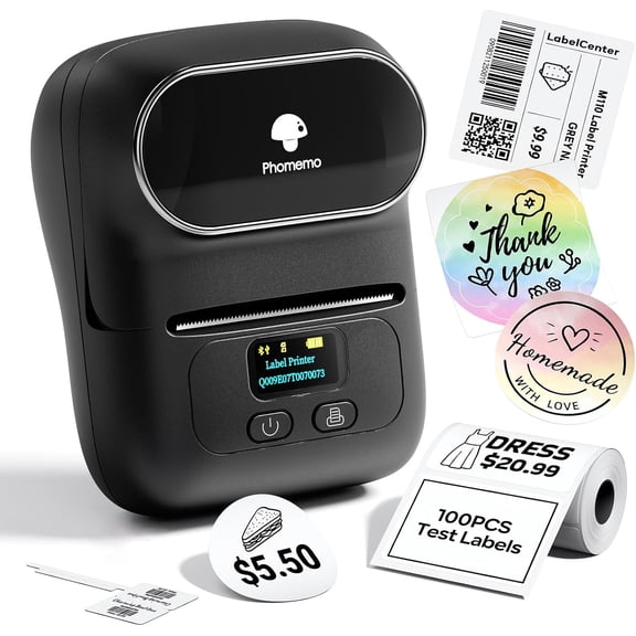 M110 Label Makers - Barcode Label Printer Bluetooth Label Maker Portable Thermal Printer for Small Business, Address, Barcode, Logo, Clothing, Mailing, Sticker Printers for Phone & PC, Black