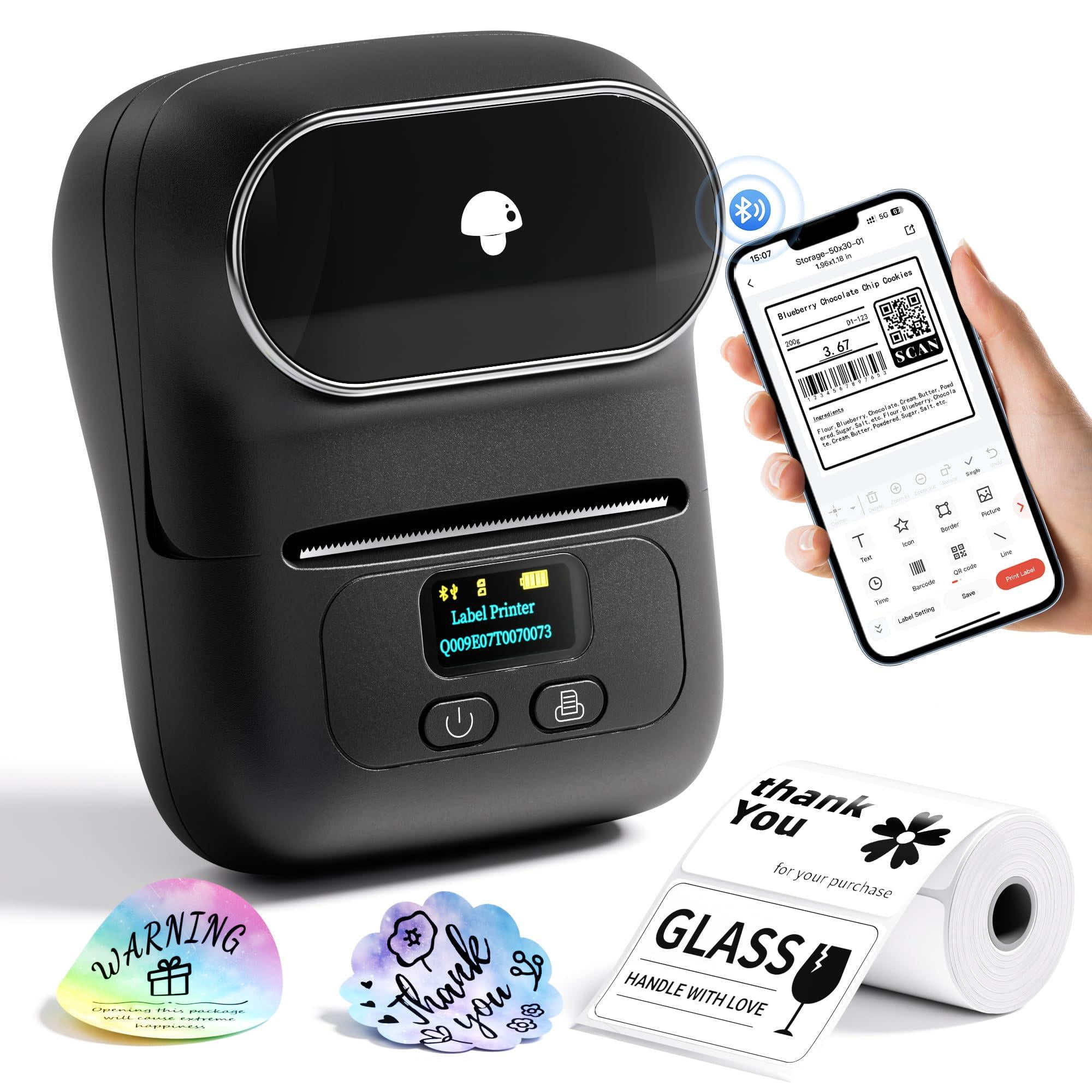 M110 Label Makers - Barcode Printer Maker Portable Thermal For Small Business  Address Logo Clothing Mailing Sticker Printers Phone & Pc Black