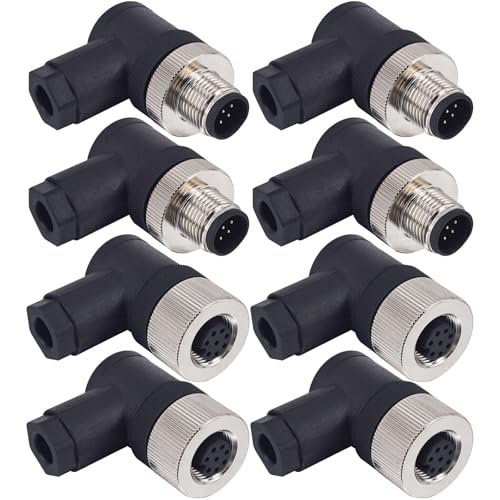M12 8-Pin A-Code Right Angle Connector Set (8PCS) - IP67 Waterproof, 12mm Thread, 4 Male & 4 Female Industrial Aviation Connectors$$Tools & Hardware Other