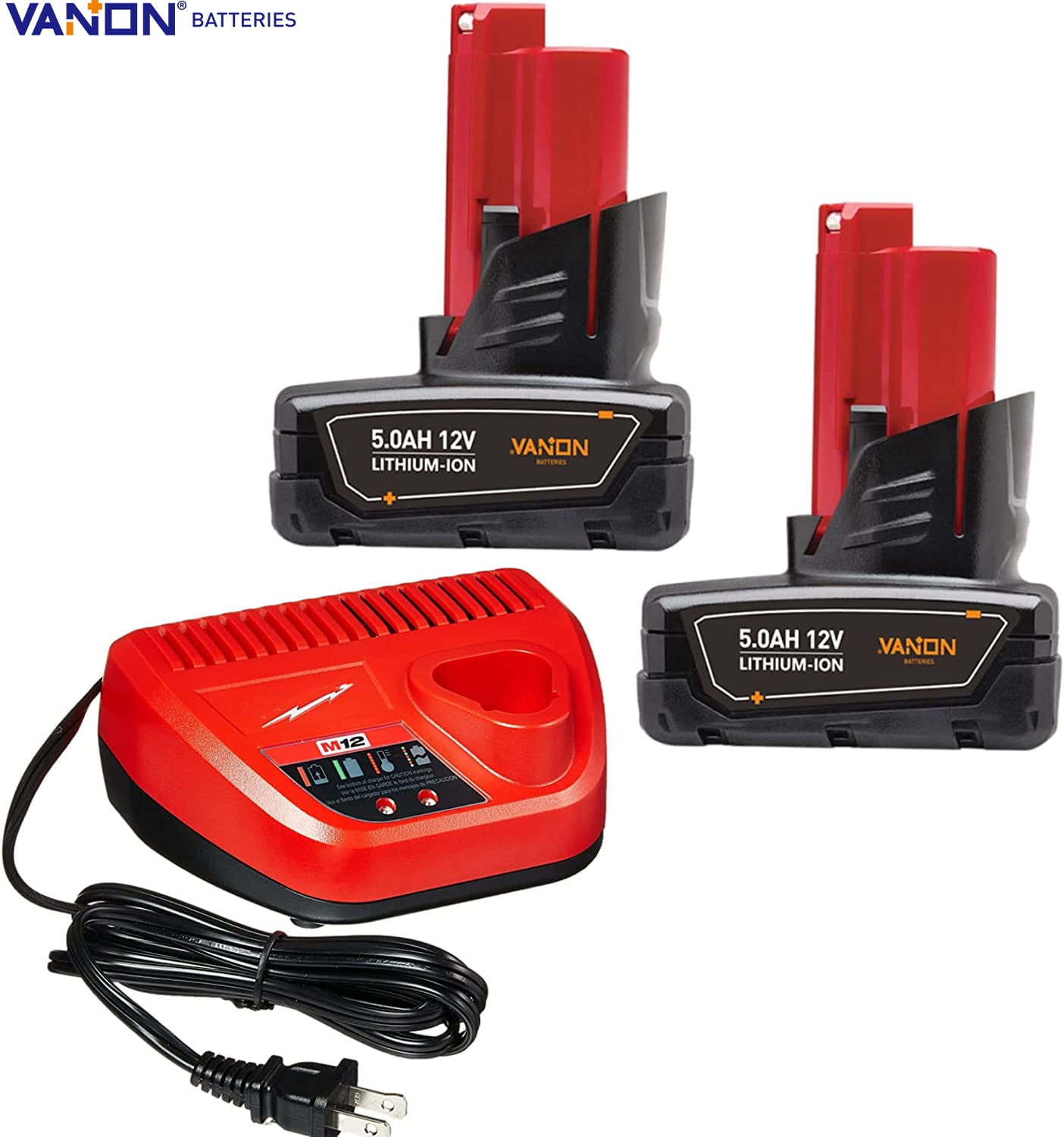 M12 Lithium Battery Charger+2Pack 5.0Ah 12V Battery for Milwaukee M12 Battery XC 48-11-2411 48-11-2420 48-11-2401 48-11-2402 48-11-2440 48-11-2460