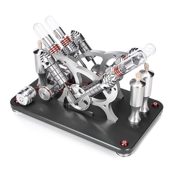 M14-V4-D Full-Metal V4 Parallel Stirling Engine Generator Model (Matte Black), External-Combustion Heat Engine for STEM Education