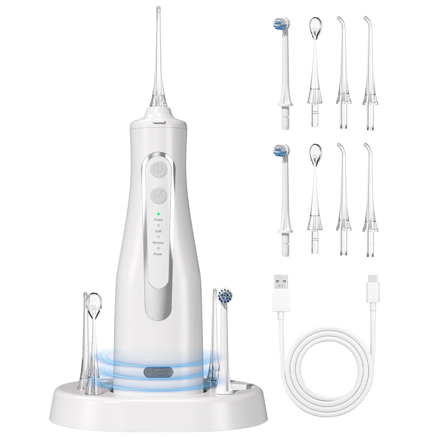 Cshidworld Water Dental Flosser, Cordless Teeth Pick Portable 4 Modes and 8 Jet Tips, Rechargeable Oral Irrigator IPX7 Waterproof, Deep Clean Flossing Picks with Wireless Charge Base