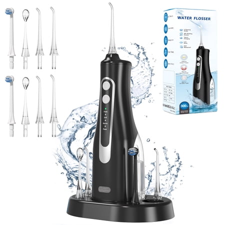 Cshidworld Cordless Water Flosser, Portable Oral Irrigator 300ml Water Tank, Rechargeable Travel Dental Irrigation Cleaner with 4 Modes & 8 Jet Tips, IPX7 Waterproof with Charge Station