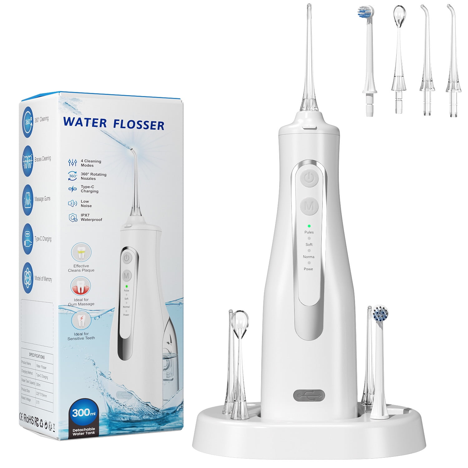 Water Dental Flosser Teeth Pick, Portable Cordless Oral Irrigator 300ML Rechargeable Travel Irrigation Cleaner, IPX7 Waterproof Electric Flosser for Teeth Cleaning, Wired & Wireless Charge Waterpick