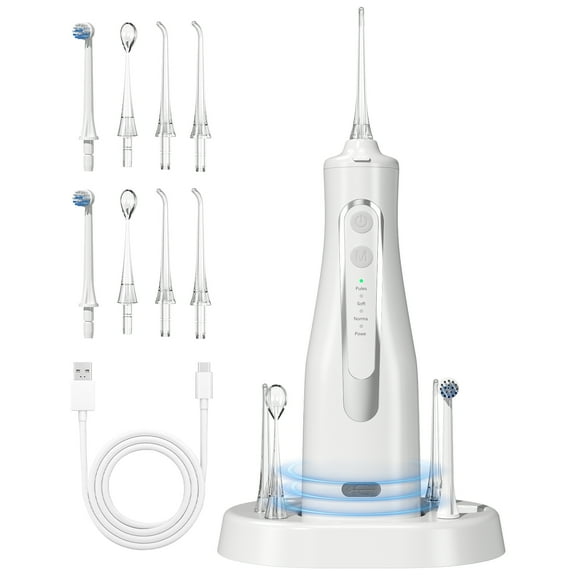 Cshidworld Water Flosser, Cordless Oral Irrigator 300ml Water Tank, Rechargeable Travel Dental Irrigation Cleaner with 4 Modes & 8 Jet Tips, IPX7 Waterproof Dental Irrigator with Charge Station