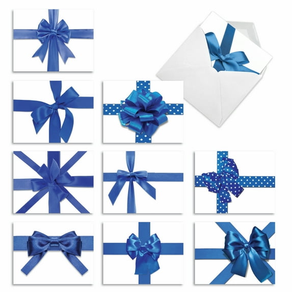 M1768HK BERIBBONED IN BLUE' 10 Assorted Hanukkah Notecards Feature Blue Ribbon Gifts with Envelopes by The Best Card Company