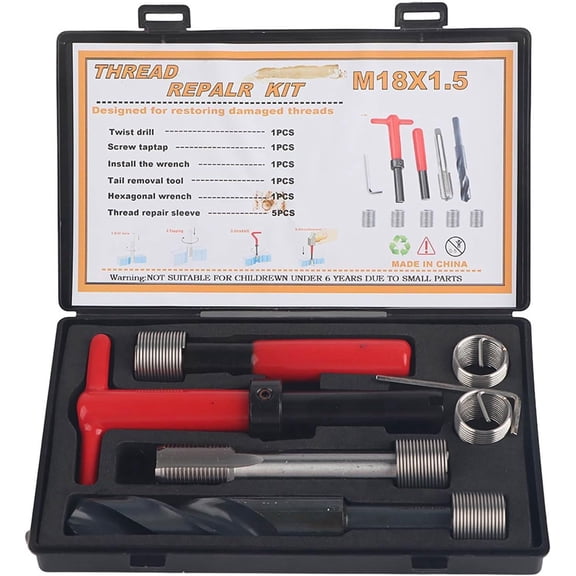 M18x1.5 Thread Repair Kit, 10 count Helicoil Thread Repair Kit Thread Chaser Set, Portable Thread Metric Inserts Repair Kits Helicoil Thread Repair kit, Compatible Hand Tool Set for Auto Repairing