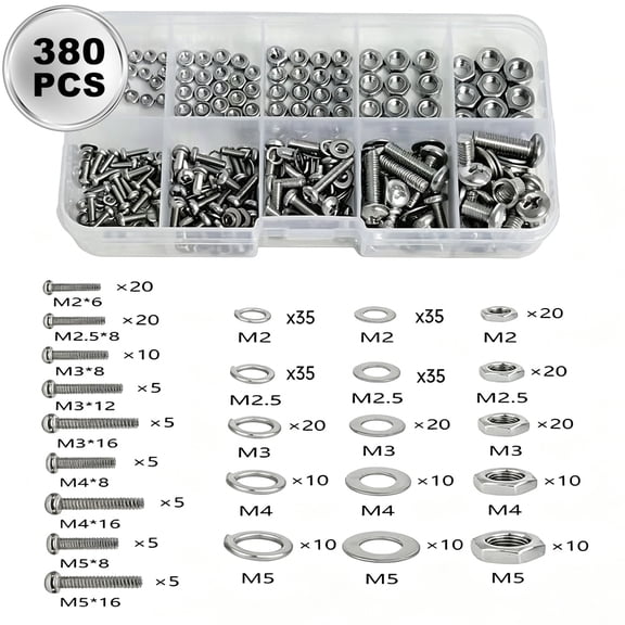 M2-M5 Phillips Pan Head Screws Set, Stainless Steel Nuts Bolts Washers Assortment Kit