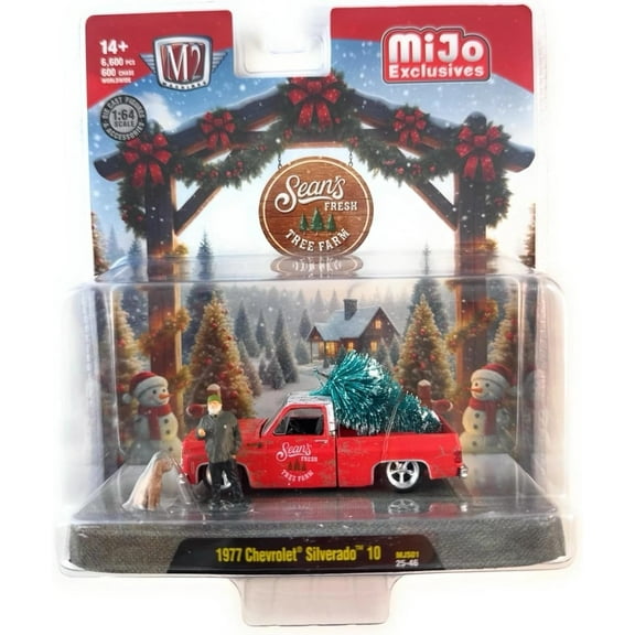 M2 Machines 1:64 Diorama 1977 Chevrolet Silverado 10 Seans Fresh Tree Farm with Figure & Dog | MiJo Exclusives | Limited 6,600 PCS