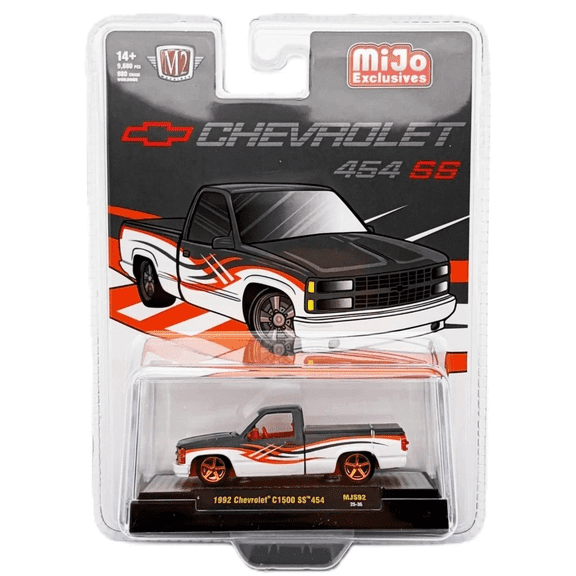 M2 Machines 1992 Chevrolet C1500 SS 454 Diecast Truck, White with Orange Graphics, MiJo Exclusives Chase, 1 of 880