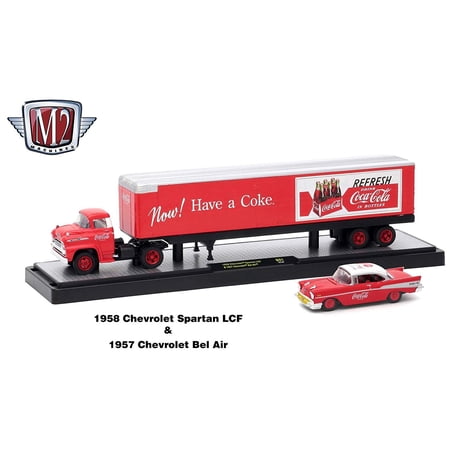 M2 Machines Auto Hauler Coca-Cola 1958 Chevy Spartan LCF & 1957 Chevy Bel Air