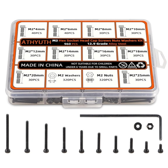 M2 Metric Hex Socket Head Cap Screws Assortment Kit, 960PCS, Black Alloy Steel, M2 Thread, Hex Head, Suitable for 3D Printers, Electronics, Furniture Repair, Mechanical Maintenance, Automotive