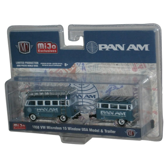 M2 Mijo Exclusive Pan Am (2020) 1958 VW Microbus 15 Window USA Model & Trailer Toy Car Pack