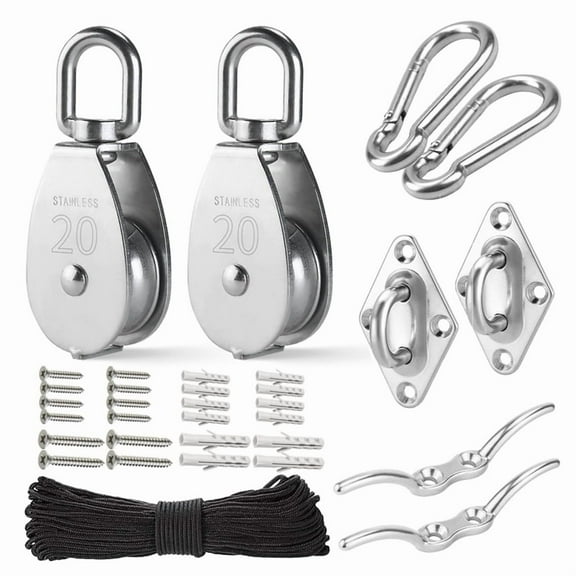 M20 Stainless Steel Pulley System Kit-Heavy-Duty Pulley Wheel, Pulley Block with Nylon Rope 4MM, Hooks, Plate (2 Pack),Silver
