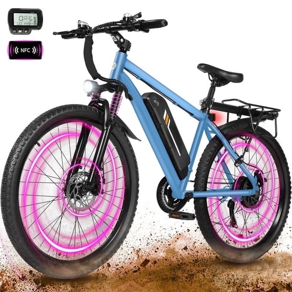 M200 Electric Bike for Adults, 21-Speed Gear 27.5" Mountain Ebike, 1200W Peak Brushless Motor 28MPH, 48V 10.4Ah Removable Battery, Step Over E-Bicycle, with NFC Unlock, Blue with Fender & Rack