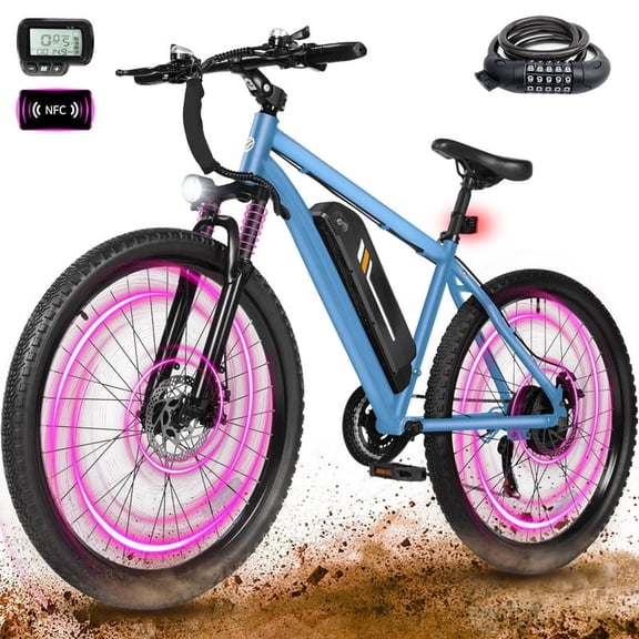 M200 Electric Bike for Adults, 21-Speed Gear 27.5" Mountain Ebike, 1200W Peak Brushless Motor 28MPH, 48V 10.4Ah Removable Battery, Step Over E-Bicycle, with NFC Unlock, Blue with Lock