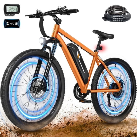M200 Electric Bike for Adults, 21-Speed Gear 27.5" Mountain Ebike, 1200W Peak Brushless Motor 28MPH, 48V 10.4Ah Removable Battery, Step Over E-Bicycle, with NFC Unlock, Orange with Lock