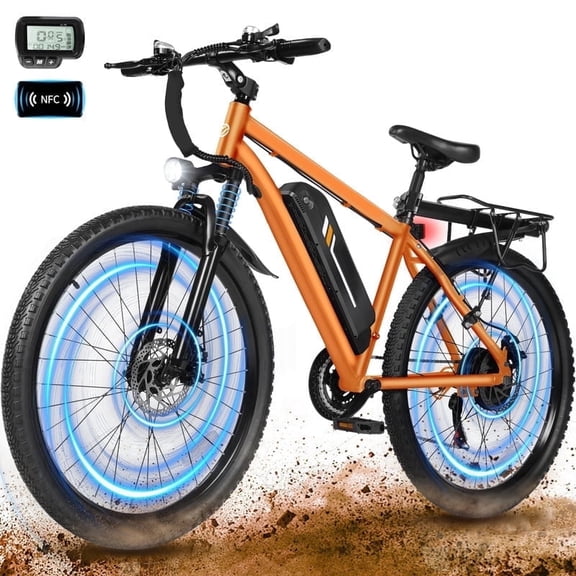 M200 Electric Bike for Adults, 21-Speed Gear 27.5" Mountain Ebike, 1200W Peak Brushless Motor 28MPH, 48V 10.4Ah Removable Battery, Step Over E-Bicycle, with NFC Unlock, Orange with Fender & Rack