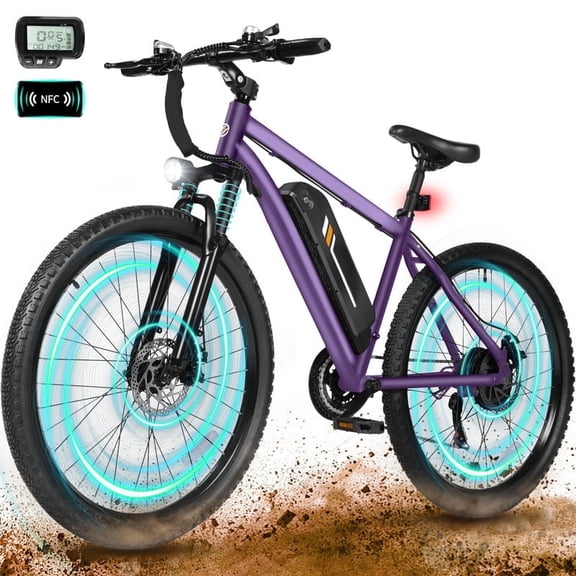 M200 Electric Bike for Adults, 21-Speed Gear 27.5" Mountain Ebike, 1200W Peak Brushless Motor 28MPH, 48V 10.4Ah Removable Battery, Step Over E-Bicycle, with NFC Unlock Purple