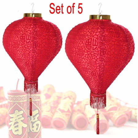 M20164 14" (Set of 5) Red Good Fortune (Fu) Oriental Chinese Red Fu Paper Lantern