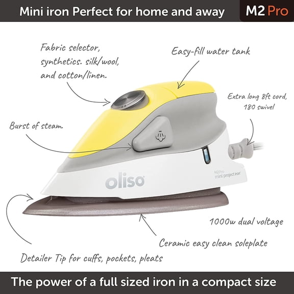 M2Pro Mini Steam Iron with Solemate® – 1000 Watt Dual Voltage Travel Iron for Sewing, Quilting, and Crafting – Ceramic Soleplate, Precision Tip – Butterscotch
