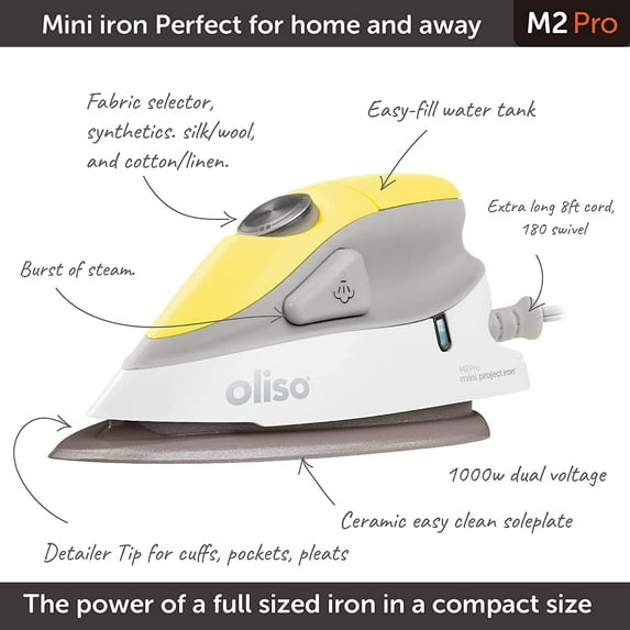 M2Pro Mini Steam Iron with Solemate® – 1000 Watt Dual Voltage Travel Iron for Sewing, Quilting, and Crafting – Ceramic Soleplate, Precision Tip – Butterscotch