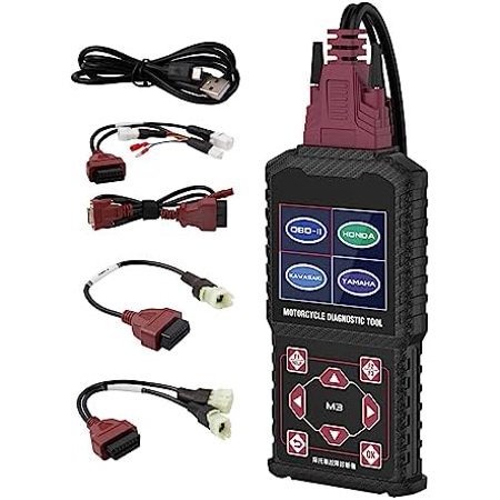 M3-A Motorcycle Diagnostic Scanner, OBD2 Code Reader for Honda 4P,Kawasaki 4-6P,Yamaha 2/3/4P,OBDII 16P, Quick Test, Voltage Test with Waveform,Live Data,Actuation,ABS/ECM/Body/IMMO Scan,12 Languages